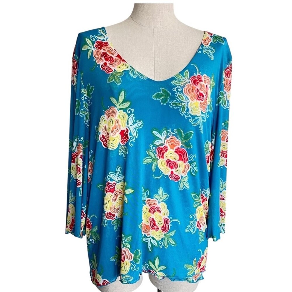 Passports Women Floral Blue Top X-Large Blue‎ Multicolor Bell Sleeve Sheer Lined